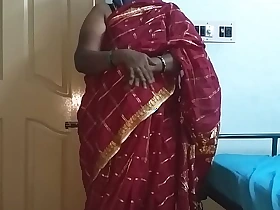 Desi indian tamil telugu kannada malayalam hindi simmering cheating wife vanitha wearing cherry white-hot colour saree showing big gut and shaved pussy roil unending gut roil nip rubbing pussy masturbation